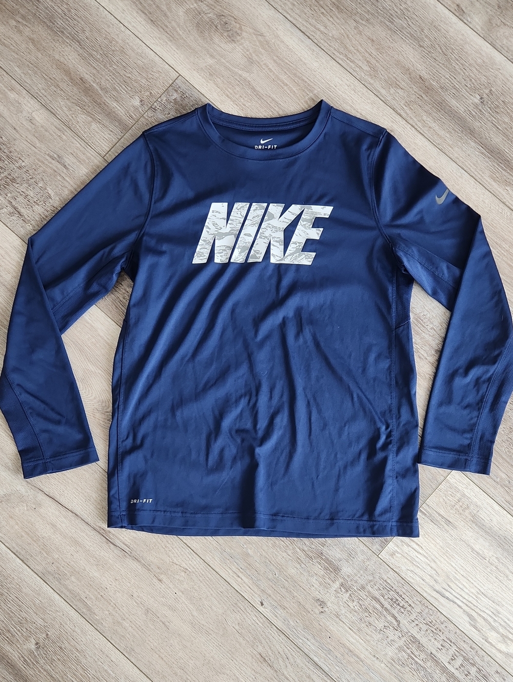 Nike Dri Fit Youth Navy Long Sleeve Performance Shirt with White Logo